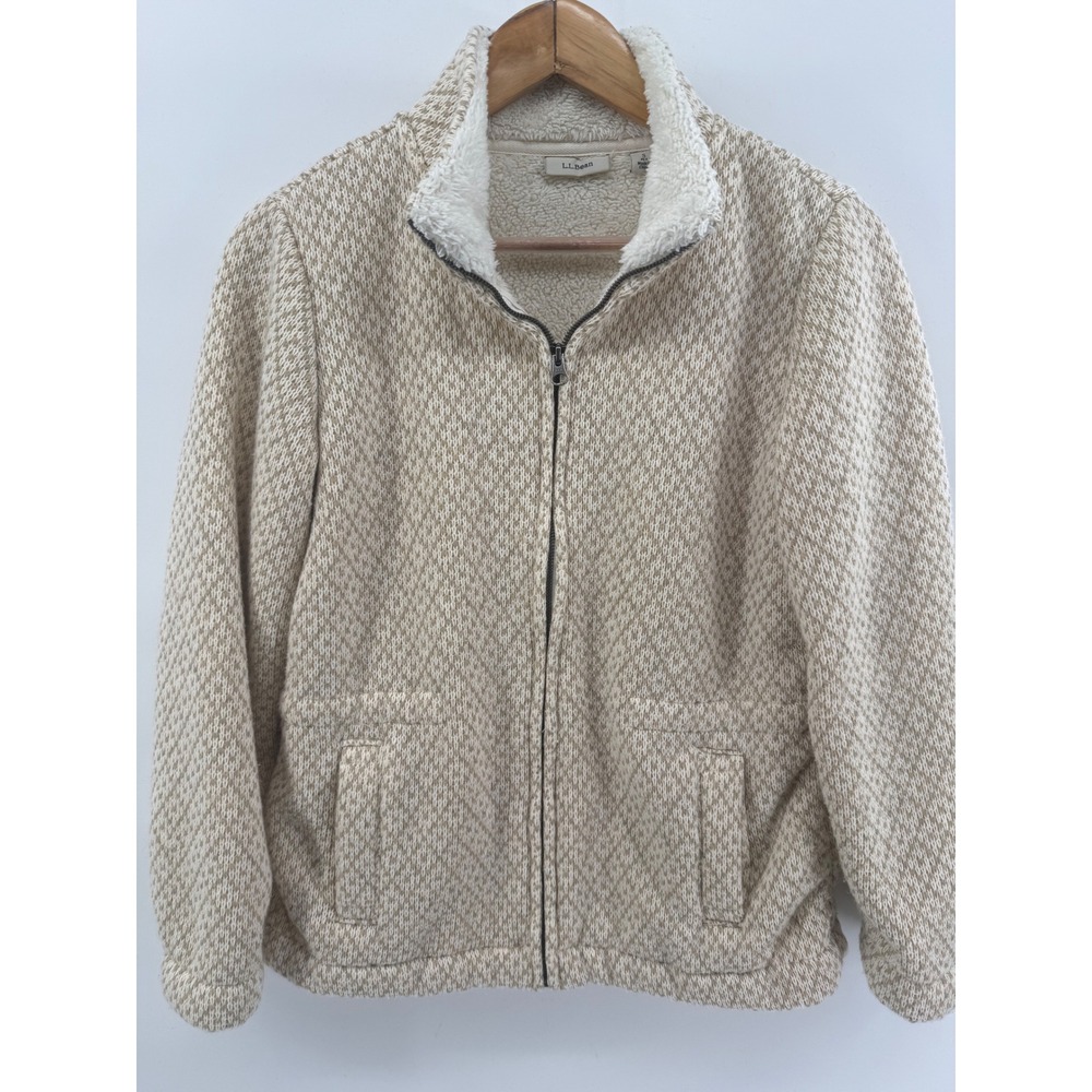 LL Bean Womens Small Petite Sherpa Lined Sweater Fleece Jacket Tan Cream 298711